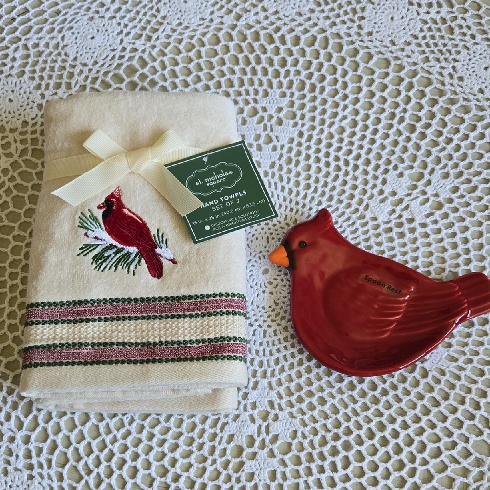 2 ST. NICHOLAS SQUARE HANDTOWELS AND RED CARDINAL SPOON REST